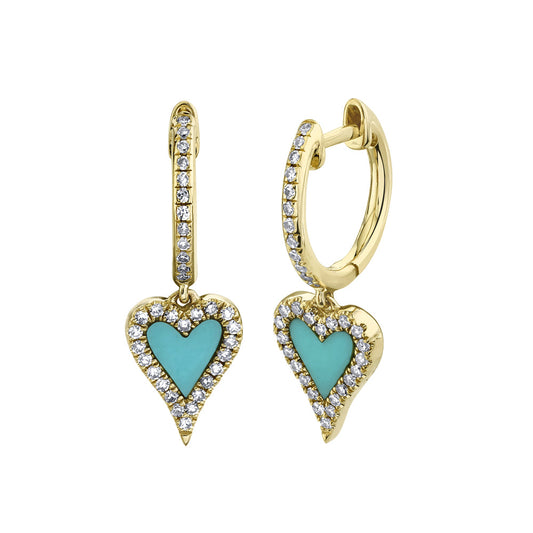 0.21CT DIAMOND & 0.36CT COMPOSITE TURQUOISE 14K Y/G HEART EARRING