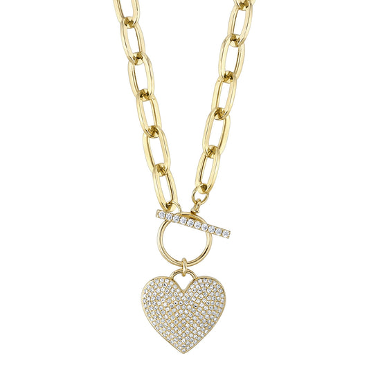 0.50CT 14K Y/G DIAMOND PAVE HEART PAPER CLIP LINK NECKLACE
