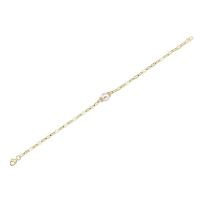 0.07CT 14K Y/G DIAMOND & CULTURED PEARL PAPER CLIP LINK BRACELET