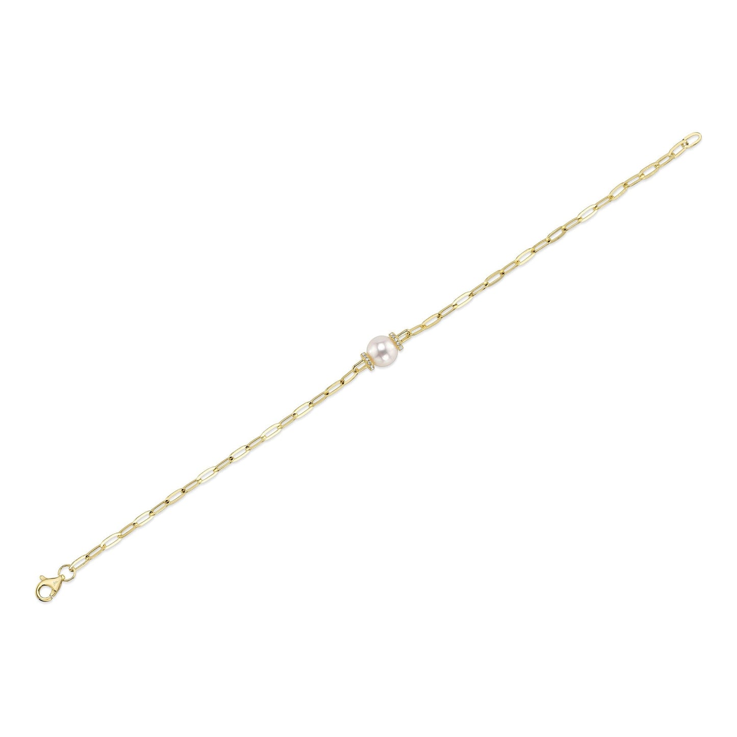 0.07CT 14K Y/G DIAMOND & CULTURED PEARL PAPER CLIP LINK BRACELET