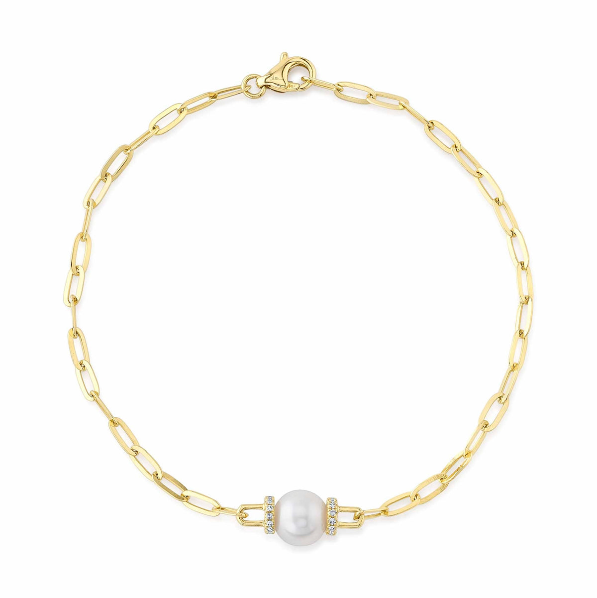 0.07CT 14K Y/G DIAMOND & CULTURED PEARL PAPER CLIP LINK BRACELET
