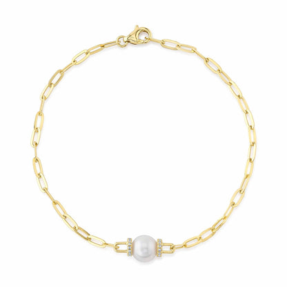 0.07CT 14K Y/G DIAMOND & CULTURED PEARL PAPER CLIP LINK BRACELET