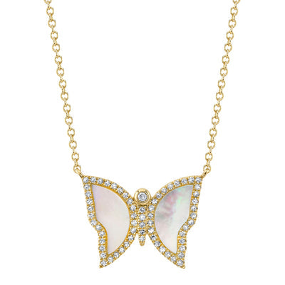 14K Yellow Gold Diamond and Mother of Pearl Butterfly Necklace