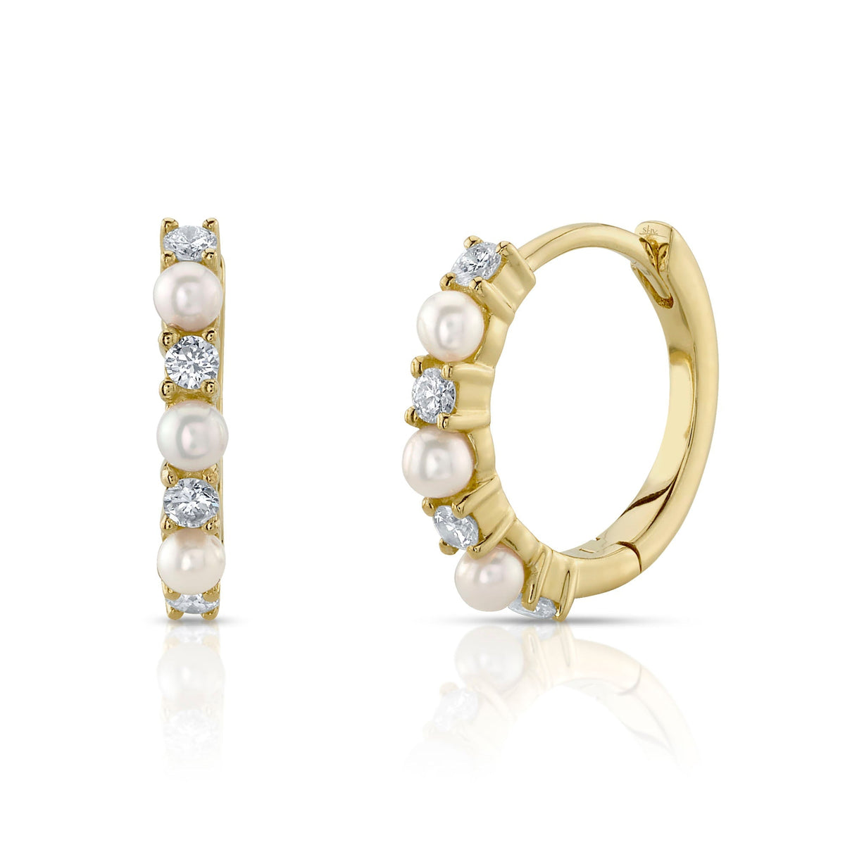 0.14CT 14K Y/G DIAMOND & CULTURED PEARL HUGGIE EARRING