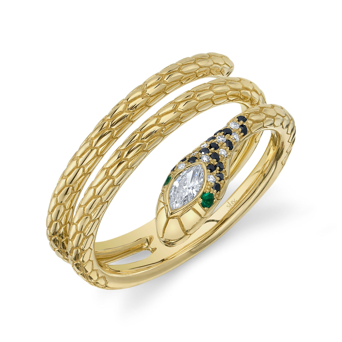 0.17CT BLACK & WHITE DIAMOND & 0.02CT EMERALD 14K Y/G SNAKE RING
