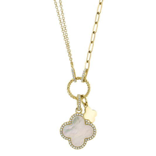 0.17CT DIAMOND & 1.36CT MOTHER OF PEARL 14K Y/G CLOVER PAPER CLIP LINK NECKLACE