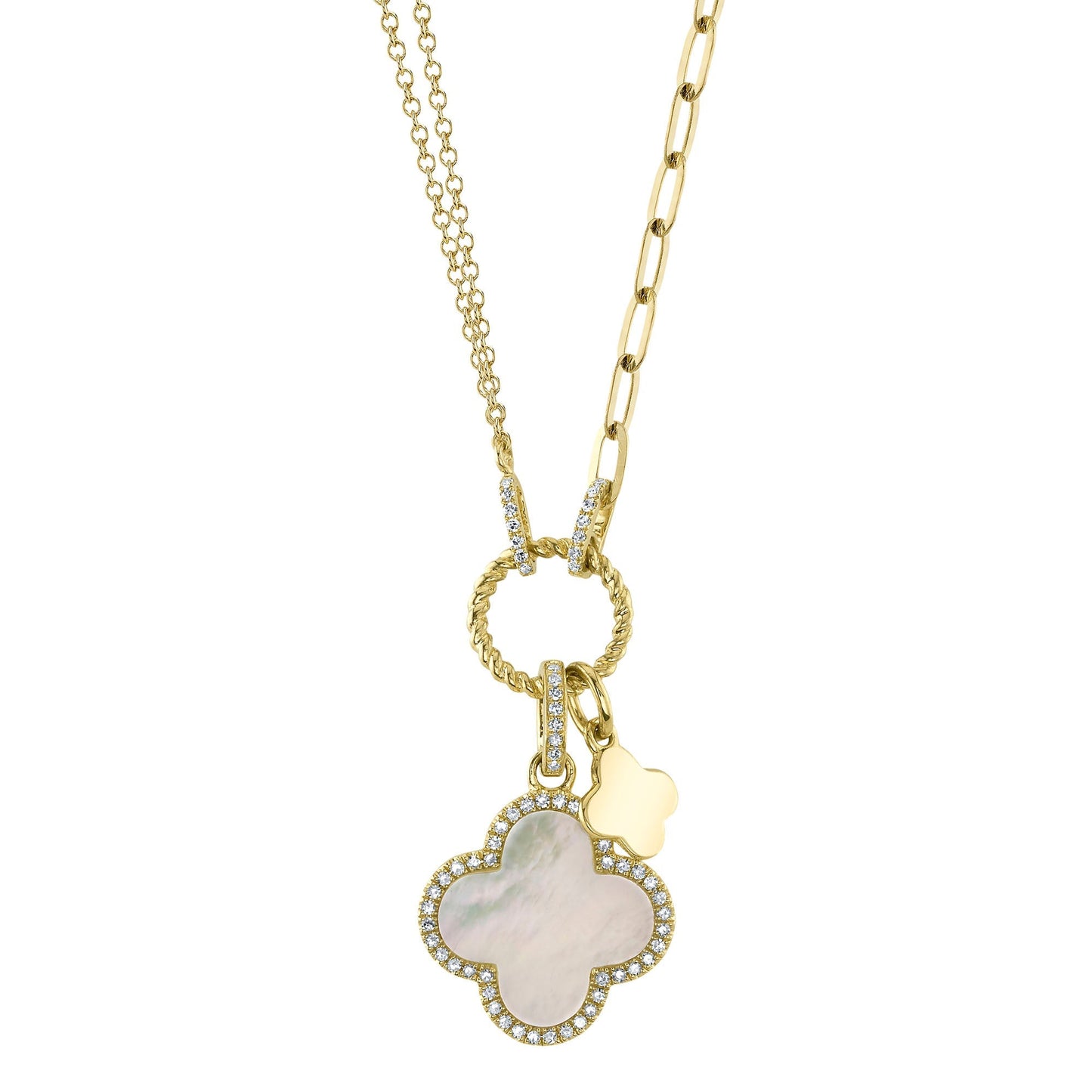 0.17CT DIAMOND & 1.36CT MOTHER OF PEARL 14K Y/G CLOVER PAPER CLIP LINK NECKLACE