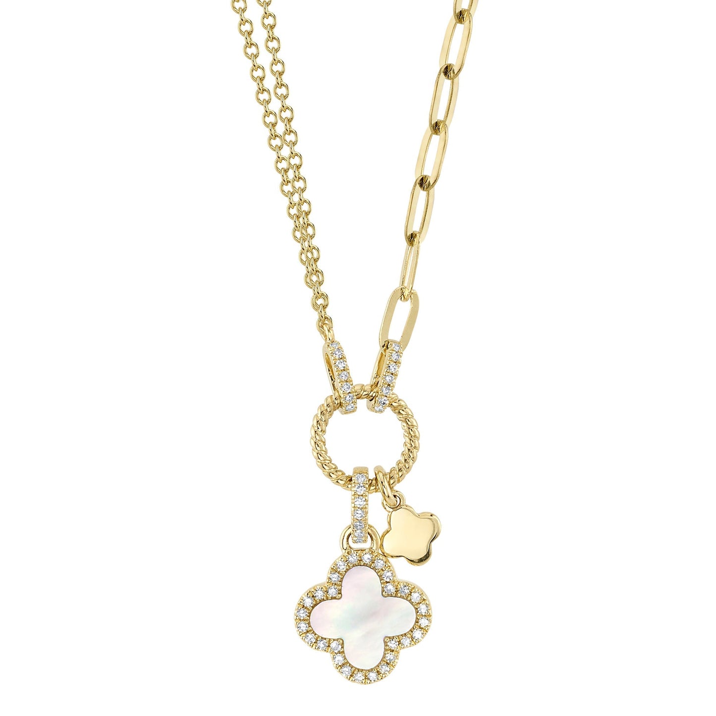 0.12CT DIAMOND & 0.54CT MOTHER OF PEARL 14K Y/G CLOVER PAPER CLIP LINK NECKLACE