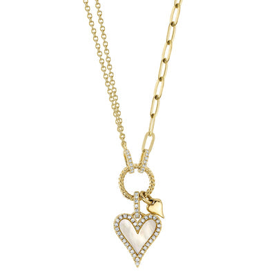 14K Yellow Gold Diamond and Mother of Pearl Heart Paperclip Necklace