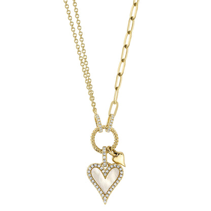 0.13CT DIAMOND & 0.41CT MOTHER OF PEARL 14K Y/G HEART PAPER CLIP LINK NECKLACE