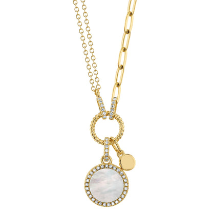 0.13CT DIAMOND & 0.57CT MOTHER OF PEARL 14K Y/G CIRCLE PAPER CLIP LINK NECKLACE