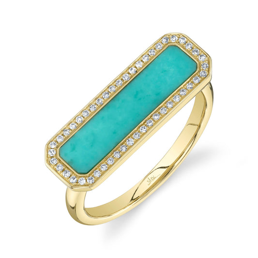 14K Yellow Gold Diamond and Turquoise Bar Ring