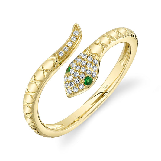 14K Yellow Gold Diamond and Green Garnet Snake Ring