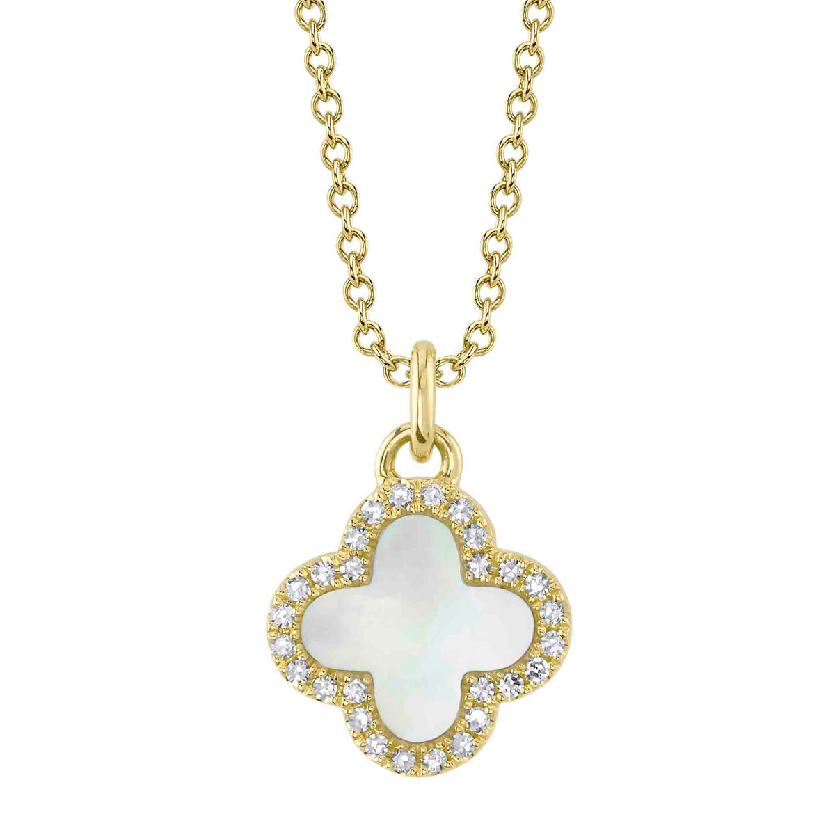 0.08CT DIAMOND &  0.41CT MOTHER OF PEARL 14K Y/G CLOVER NECKLACE