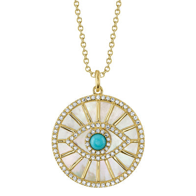 14K Yellow Gold Diamond Turquoise & Mother of Pear Eye Necklace