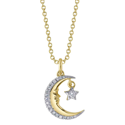 14K Yellow Gold Diamond Crescent Moon & Star Necklace