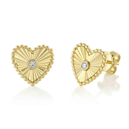 0.04CT 14K Y/G DIAMOND BEZEL RIBBED HEART STUD EARRING