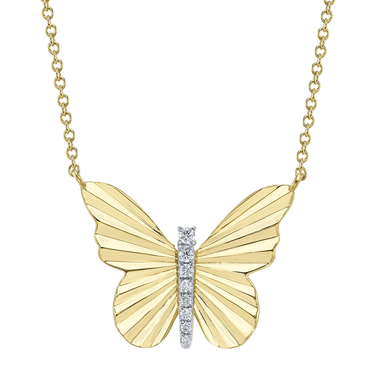 0.06CT 14K Y/G DIAMOND RIBBED BUTTERFLY NECKLACE
