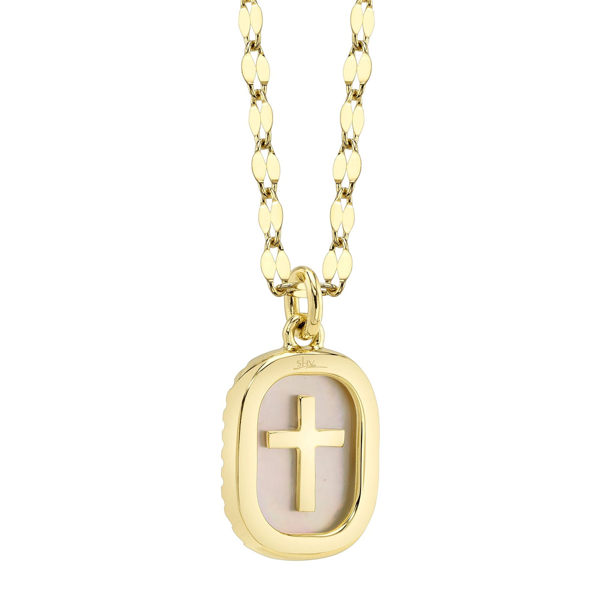 0.11CT DIAMOND & 0.95CT MOTHER OF PEARL 14K Y/G OVAL CROSS SPARKLE CHAIN NECKLACE