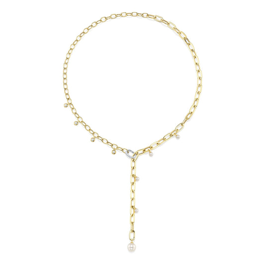 0.27CT 14K2T Y/W DIAMOND & CULTURED PEARL BEZEL PAPER CLIP LINK NECKLACE