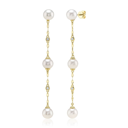 0.09CT 14K Y/G DIAMOND & CULTURED PEARL SPARKLE CHAIN EARRING
