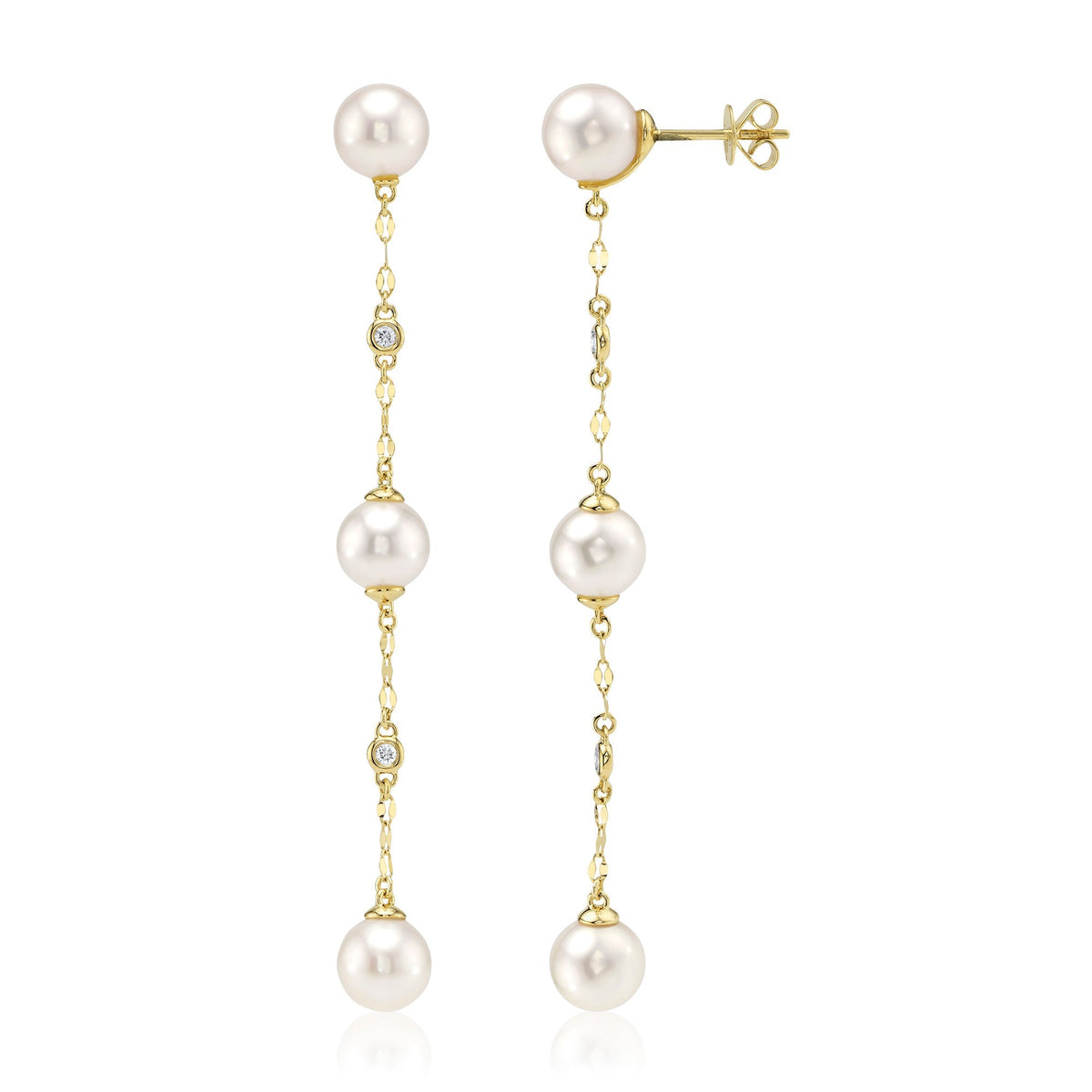0.09CT 14K Y/G DIAMOND & CULTURED PEARL SPARKLE CHAIN EARRING
