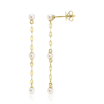 14K Y/G CULTURED PEARL SPARKLE CHAIN EARRING