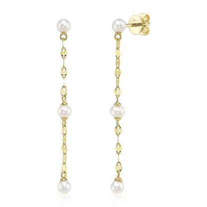 14K Y/G CULTURED PEARL SPARKLE CHAIN EARRING