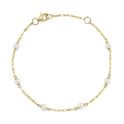 14K Y/G CULTURED PEARL SPARKLE CHAIN BRACELET