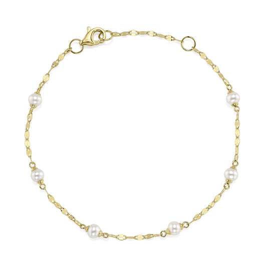 14K Y/G CULTURED PEARL SPARKLE CHAIN BRACELET