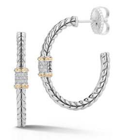 JAI Sterling Silver & 14K Gold Diamond Station 1-1/4" J-Hoop Earring