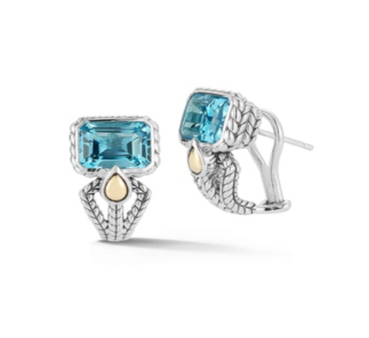 JAI Sterling Silver & 14K Emerald  Cut  Gemstone Earrings - Swiss Blue Topaz