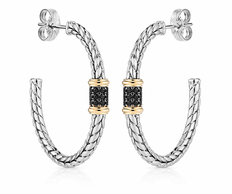 JAI Sterling Silver & 14K Gold Black Spinel Station 1-1/4" J-Hoop Earring