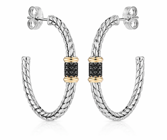 JAI Sterling Silver & 14K Gold Black Spinel Station 1-1/4" J-Hoop Earring