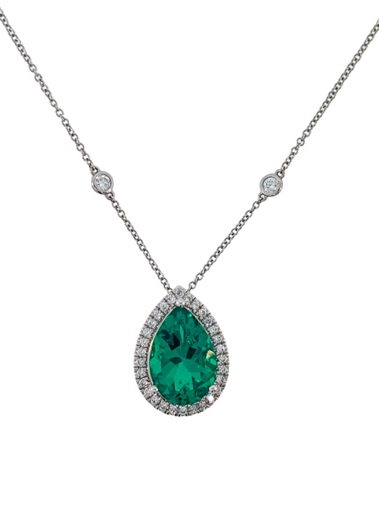 14K White Gold Lab Grown Pear Shaped Emerald Halo Necklace