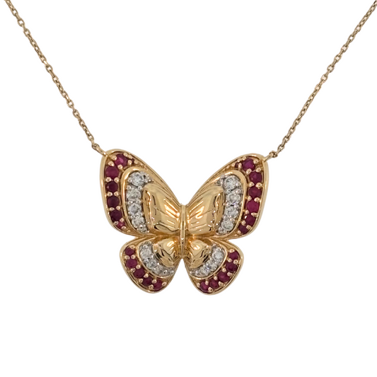 14K Yellow Gold Lab Grown Diamond and Ruby Butterfly Necklace