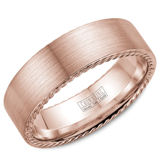 CrownRing 7MM Rose Gold Wedding Band with Brushed Center & Rope Detailing WB-009R7R
