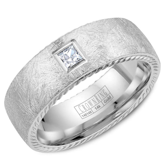 CrownRing 8MM Diamond Brushed Wedding Band with Princess Cut Diamond & Rope Detailing WB-013RD8W