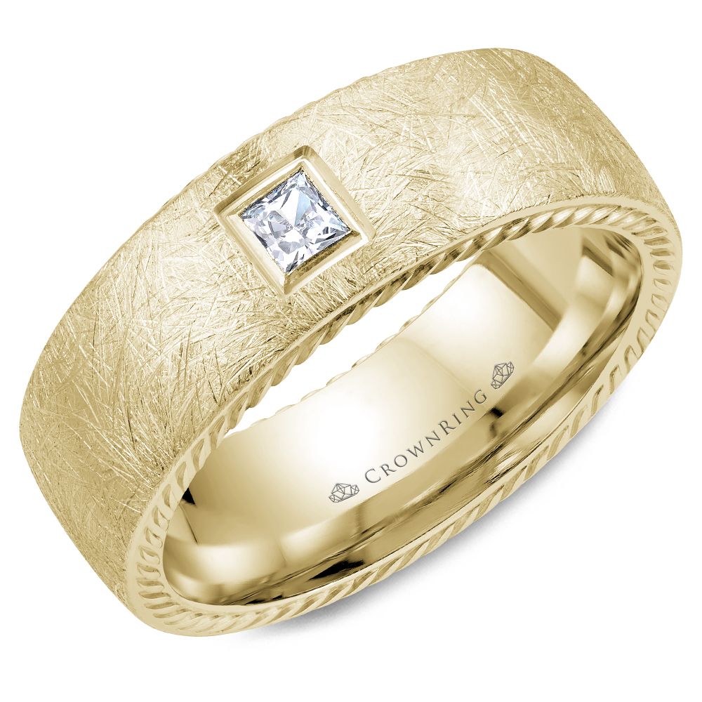 CrownRing 8MM Diamond Brushed Wedding Band with Princess Cut Diamond & Rope Detailing WB-013RD8R
