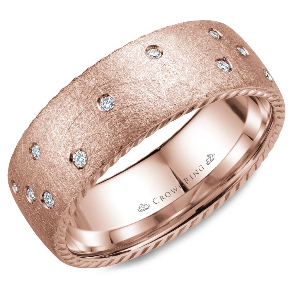 CrownRing 8MM 21 Round Diamond Textured Wedding Band with Rope Detailing WB-020RD8W