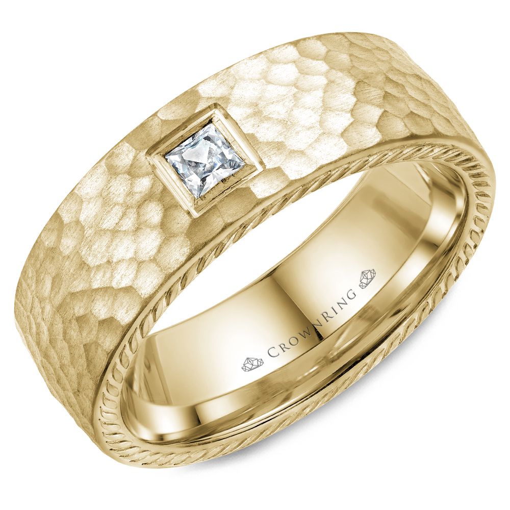CrownRing 8MM Hammered Finish & Rope Detailing Wedding Band with Princess Cut Diamond WB-021RD8W
