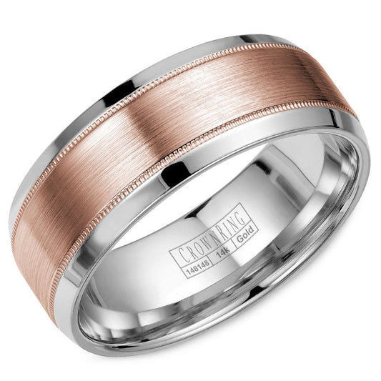 CrownRing 8MM White Gold Wedding Band with Rose Gold Brushed Center WB-8108RW