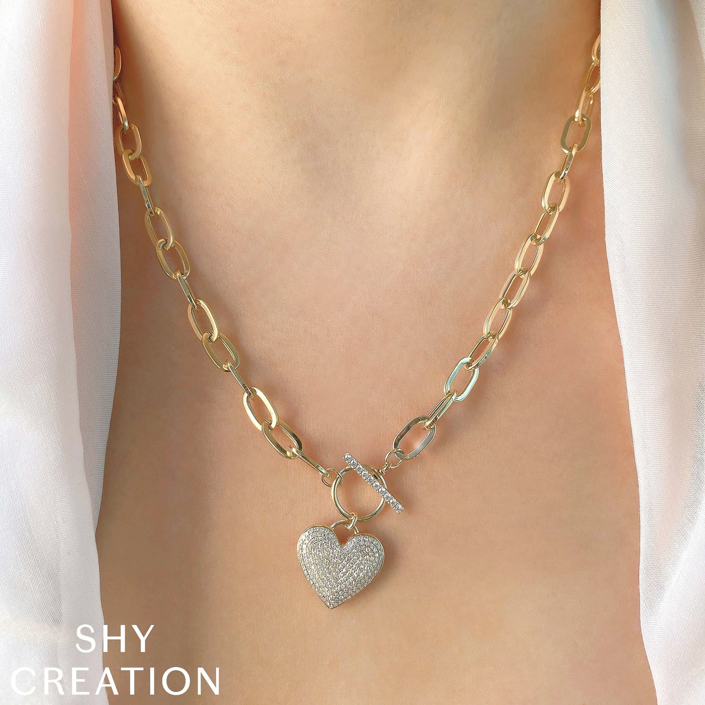 0.50CT 14K W/G DIAMOND PAVE HEART PAPER CLIP LINK NECKLACE