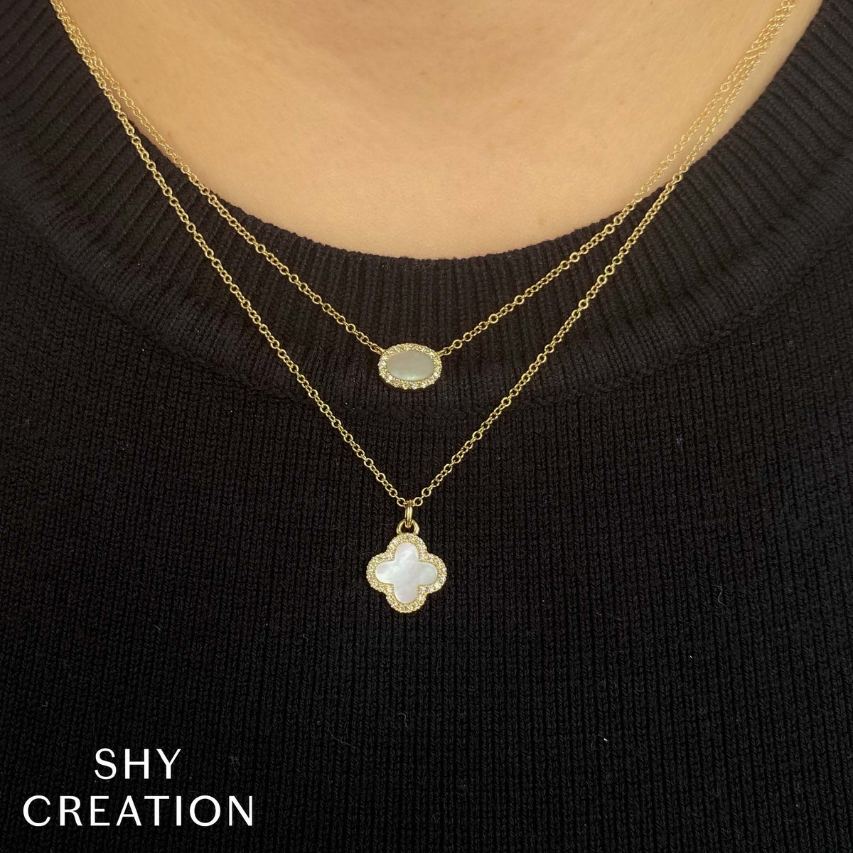 0.08CT DIAMOND &  0.41CT MOTHER OF PEARL 14K Y/G CLOVER NECKLACE