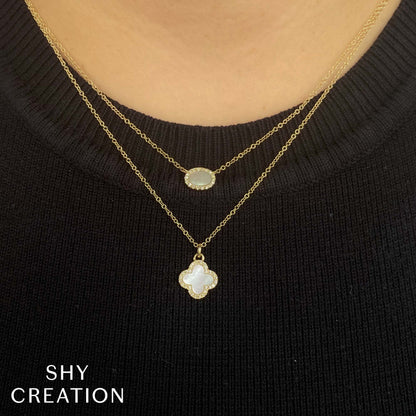 0.08CT DIAMOND &  0.41CT MOTHER OF PEARL 14K Y/G CLOVER NECKLACE