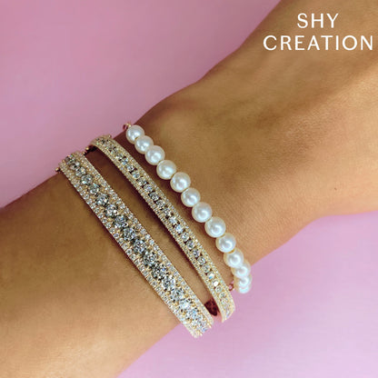 14K Y/G CULTURED PEARL PAPER CLIP LINK BRACELET