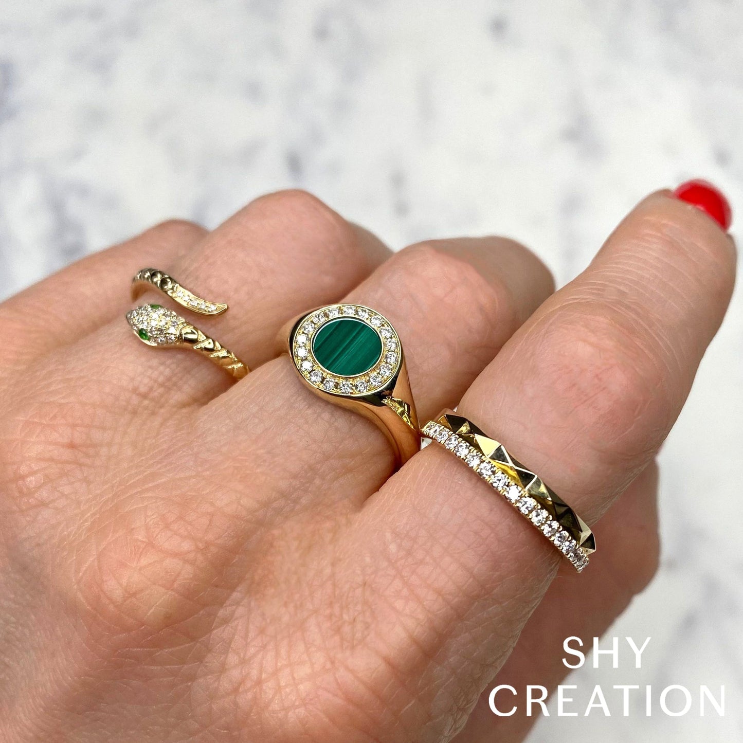 14K Yellow Gold Diamond and Green Garnet Snake Ring