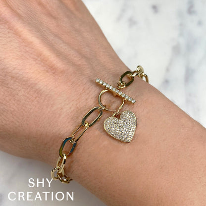 0.41CT 14K W/G DIAMOND PAVE HEART PAPER CLIP LINK BRACELET