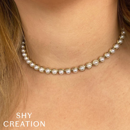 14K Y/G CULTURED PEARL BEZEL TENNIS NECKLACE