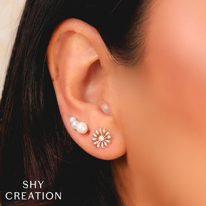 14K Yellow Gold Pearl Flower Stud Earrings